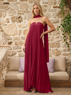Strapless A Line Pleats Bridesmaid Dresses with Scarf