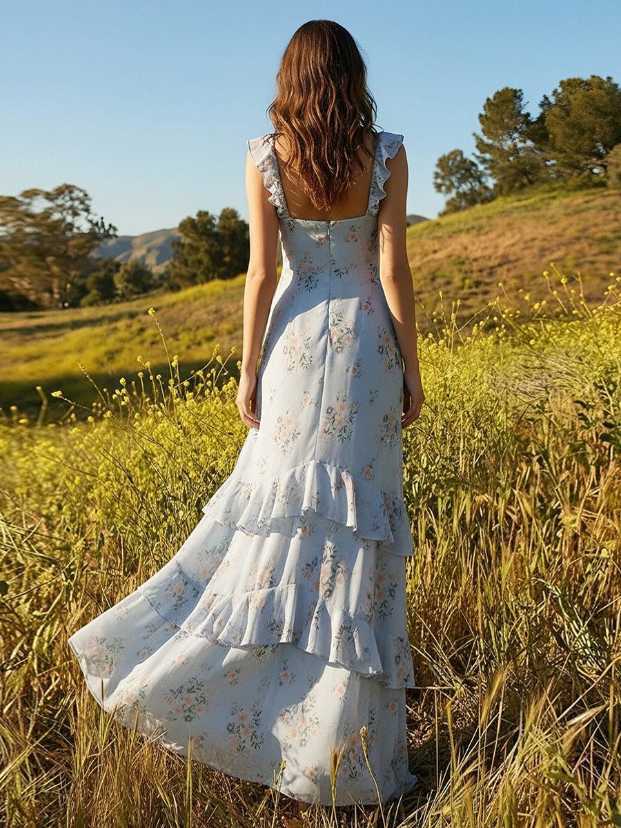 Floral Ruffles A Line Wedding Guest Dresses Tiered Party Gowns