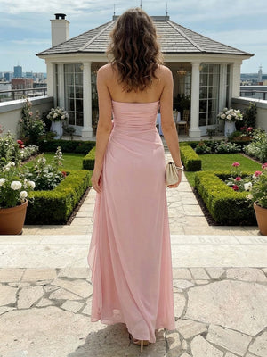 Chiffon A Line Strapless Floor Length Wedding Guest Dresses