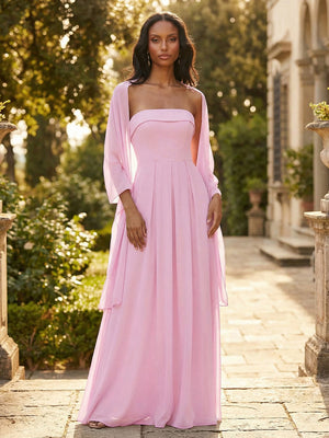 Chiffon A Line Strapless Floor Length Wedding Guest Dresses