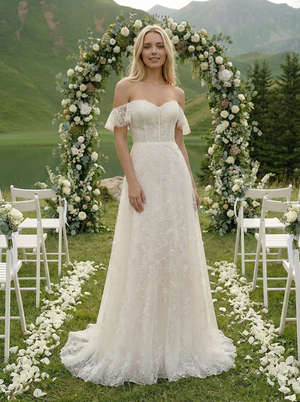 Laces A Line Off the Shoulder Long Wedding Dresses