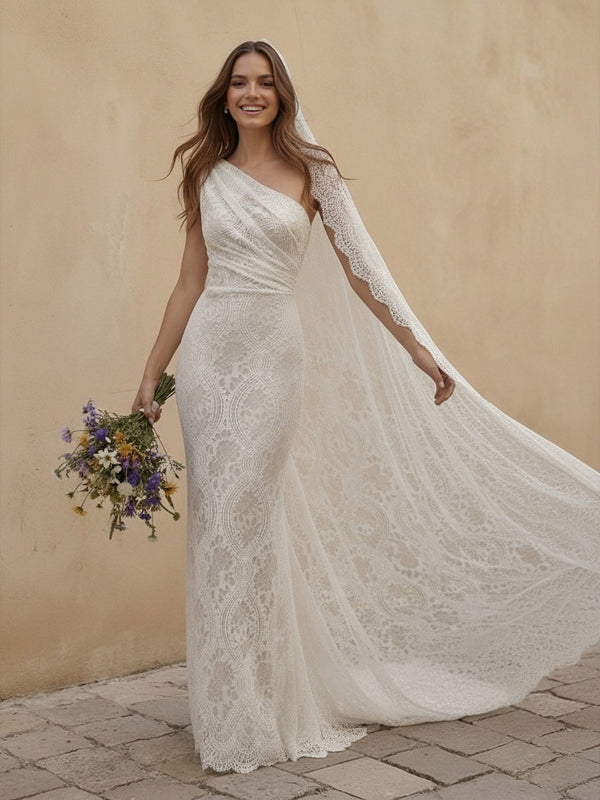 Laces Mermaid One Shoulder Long Wedding Dresses