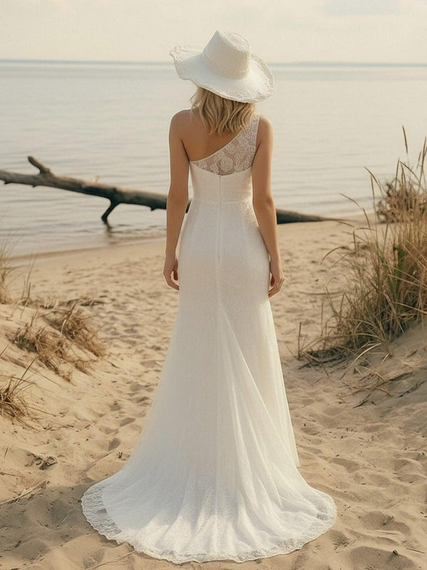 Laces Mermaid One Shoulder Long Wedding Dresses