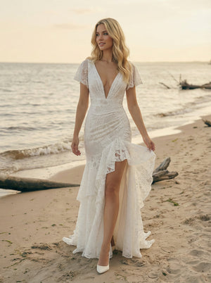 Laces Mermaid V Neck Ruffles Long Wedding Dresses