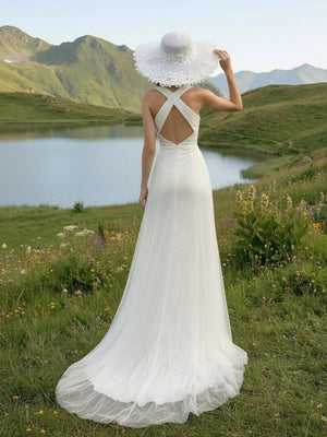 Laces A Line Halter Long Backless Wedding Dresses