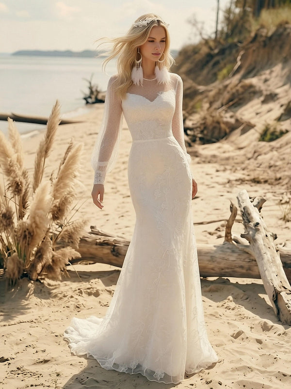 Laces Mermaid Scoop Neck Long Wedding Dresses