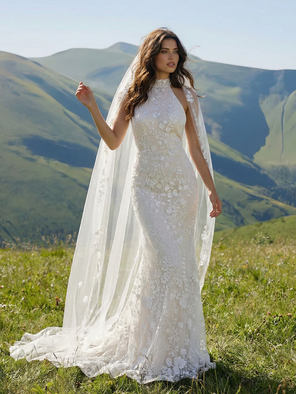 Laces Mermaid Halter Long Wedding Dresses