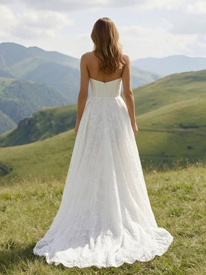 Laces A Line Strapless Long Wedding Dresses