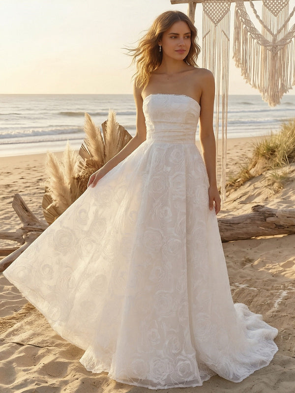 Laces A Line Strapless Long Wedding Dresses