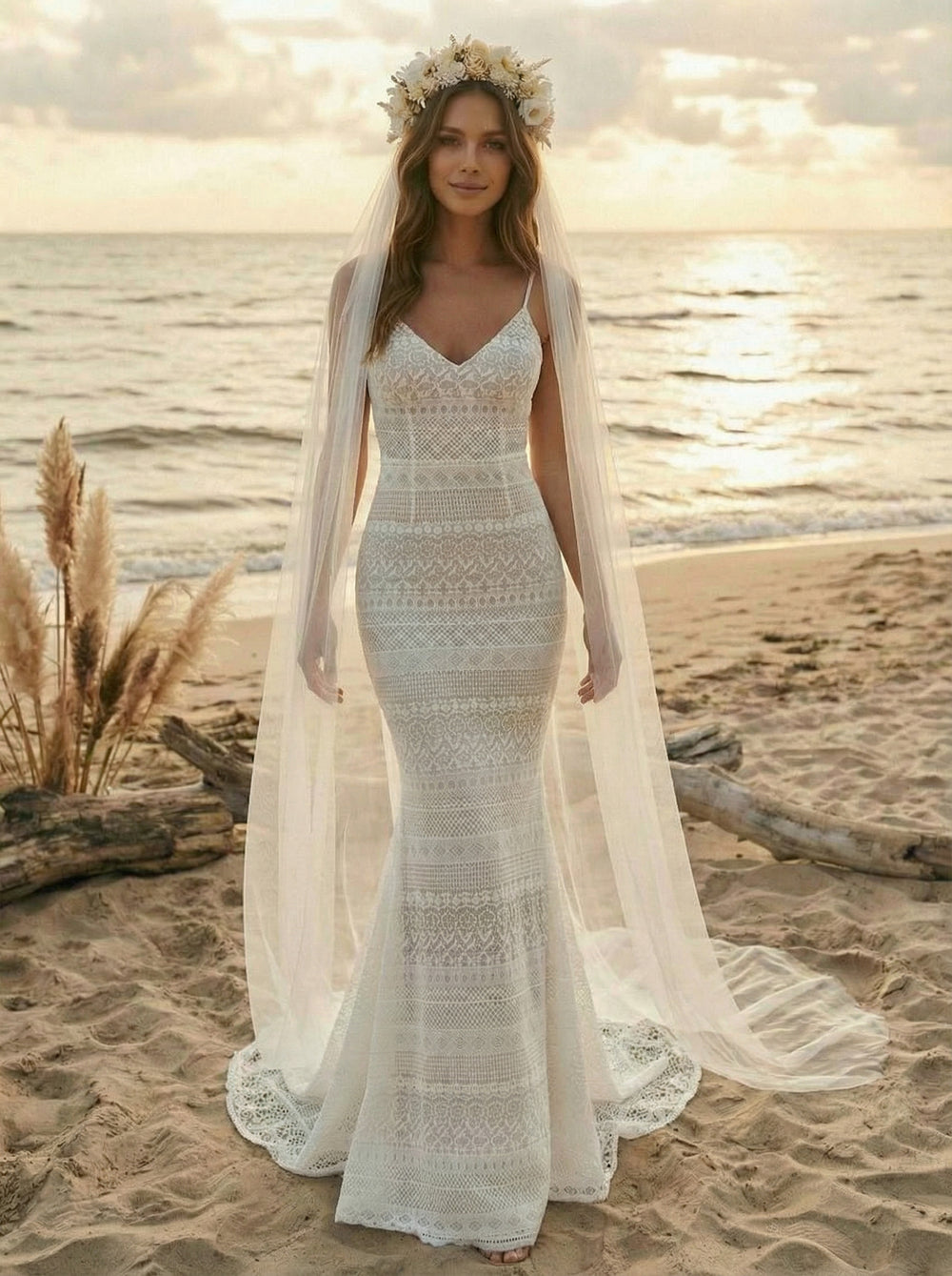 Laces Mermaid Spaghetti Straps Long Wedding Dresses
