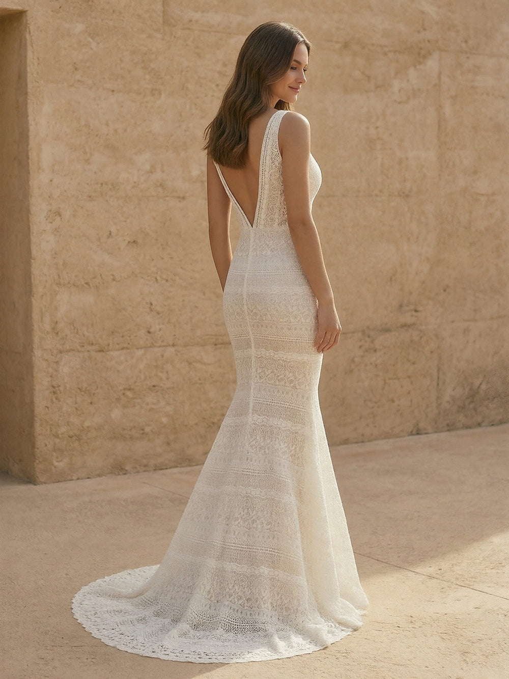 Laces Mermaid V Neck Long Wedding Dresses