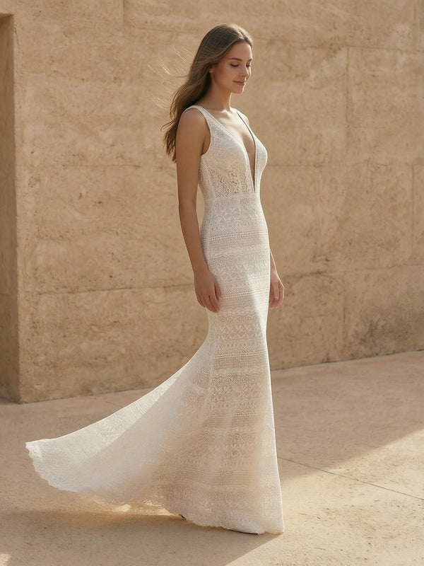 Laces Mermaid V Neck Long Wedding Dresses