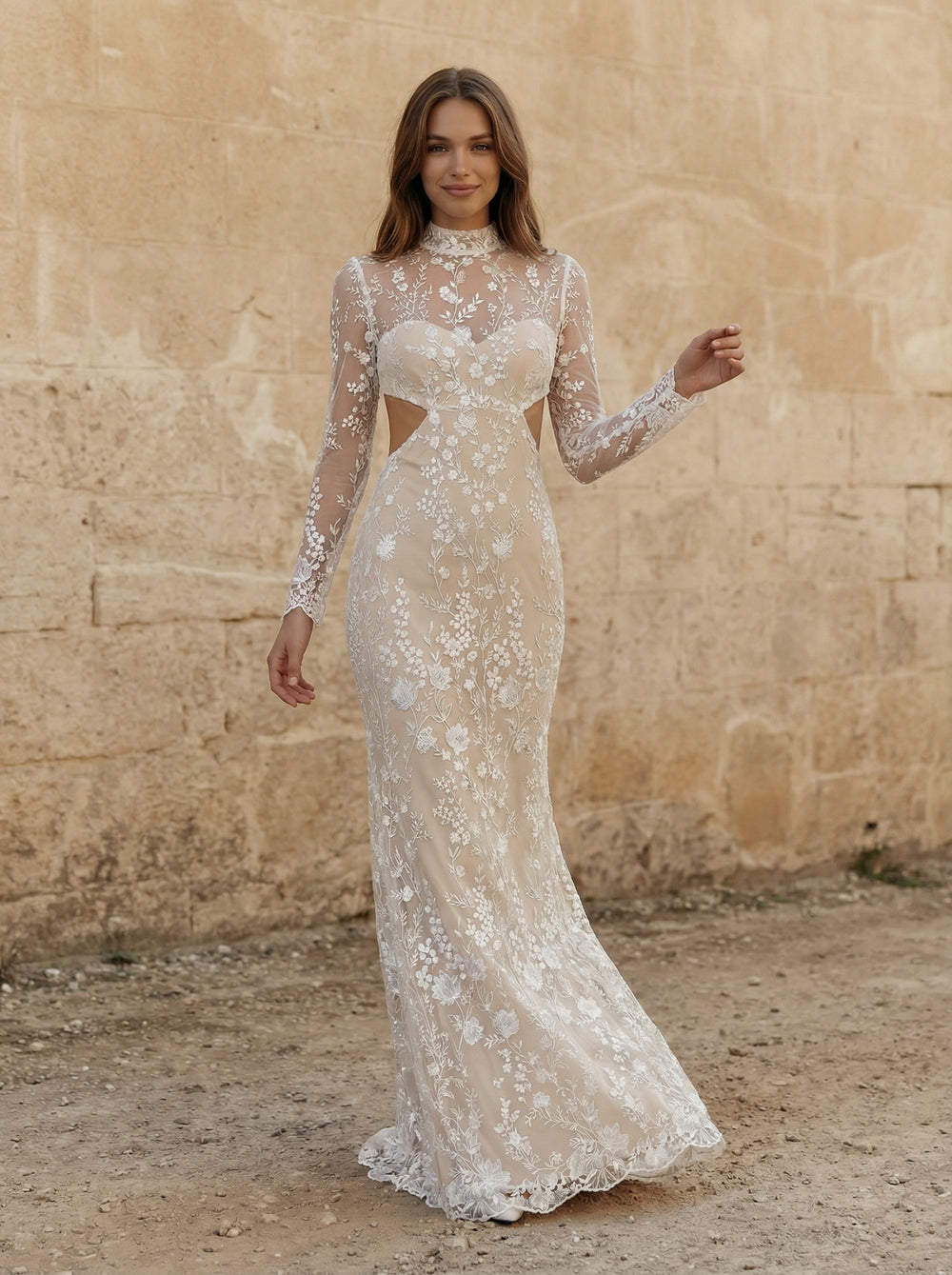 Laces Mermaid High Neck Long Wedding Dresses