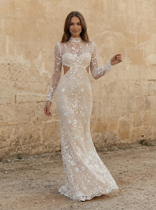 Laces Mermaid High Neck Long Wedding Dresses