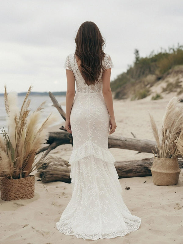 Laces Mermaid V Neck Long Wedding Dresses