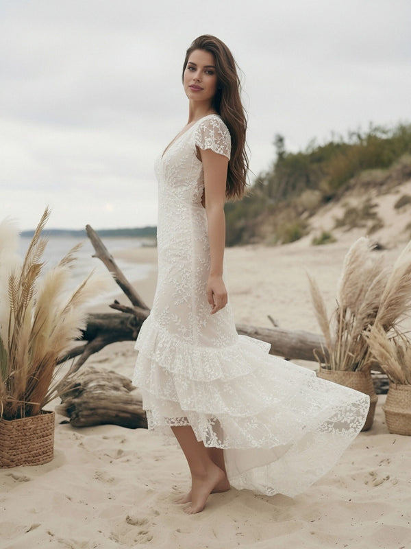 Laces Mermaid V Neck Long Wedding Dresses