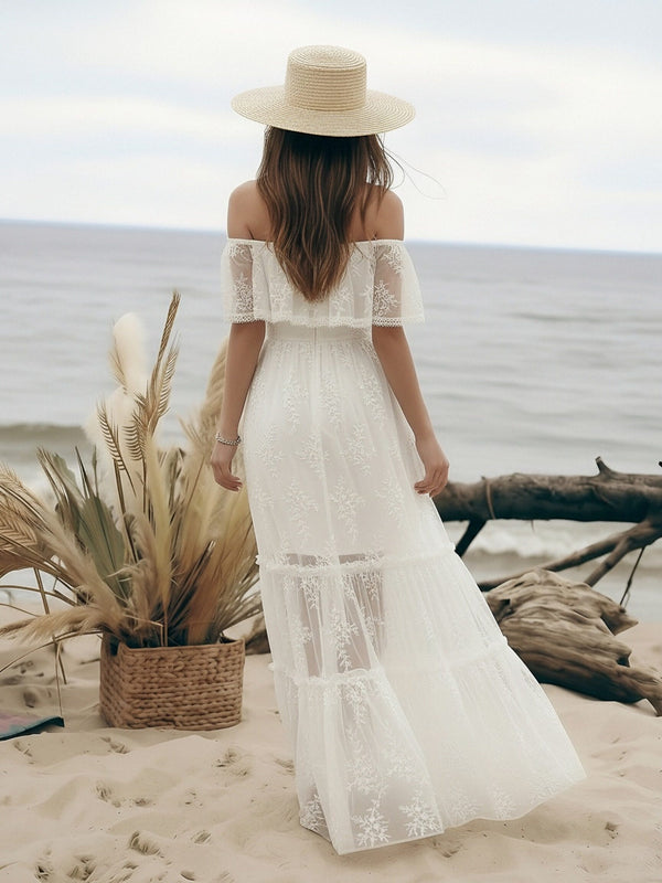 Laces A Line Off the Shoulder Long Wedding Dresses