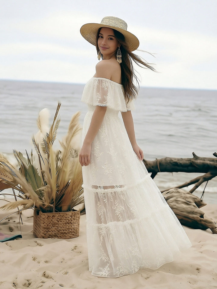 Laces A Line Off the Shoulder Long Wedding Dresses