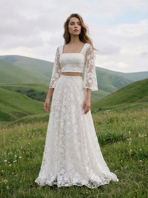 Laces A Line Square Neck Long Wedding Dresses