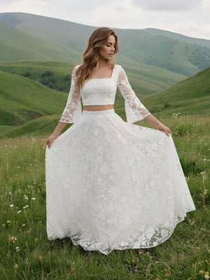 Laces A Line Square Neck Long Wedding Dresses