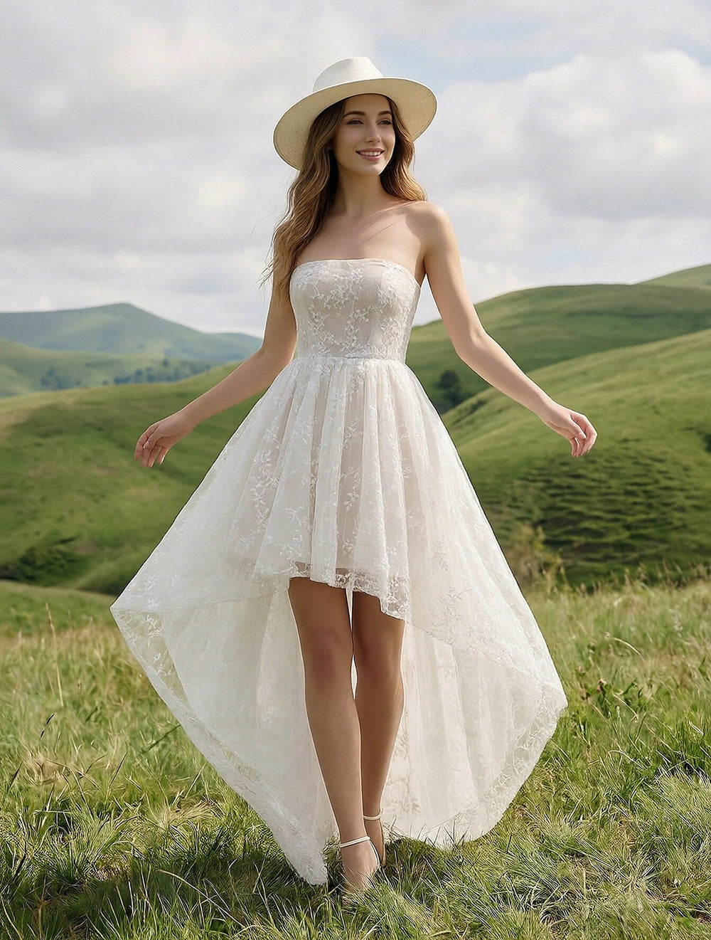 Laces High Low Strapless Long Wedding Dresses