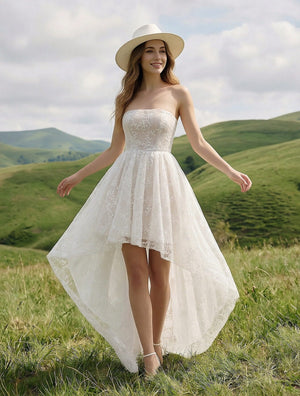 Laces High Low Strapless Long Wedding Dresses