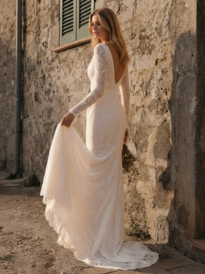 Laces Mermaid V Neck Long Wedding Dresses