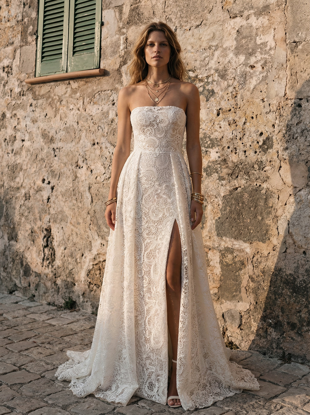 Laces A Line Strapless Long Wedding Dresses