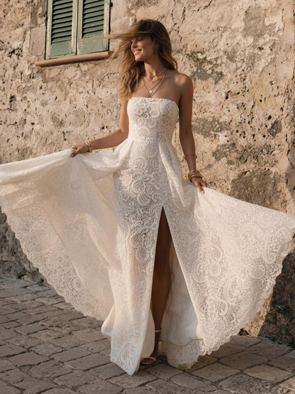 Laces A Line Strapless Long Wedding Dresses