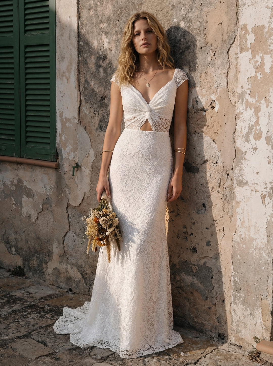 Laces Bodycon V Neck Long Wedding Dresses