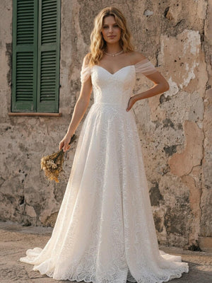 Laces A Line Off the Shoulder Long Wedding Dresses