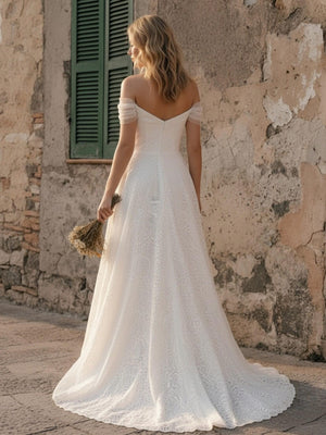 Laces A Line Off the Shoulder Long Wedding Dresses