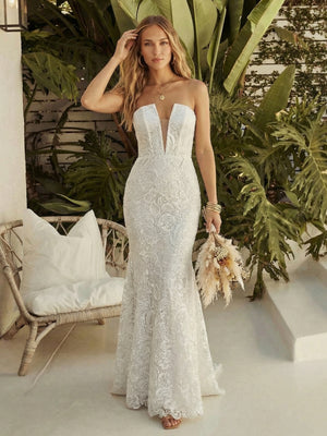 Laces Mermaid Strapless Long Wedding Dresses