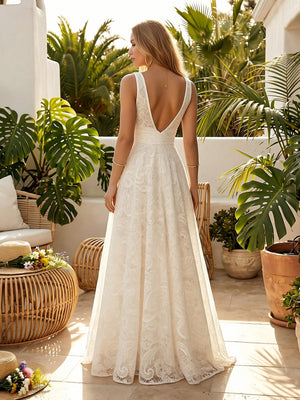 Laces A Line V Neck Long Wedding Dresses