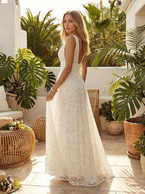 Laces A Line V Neck Long Wedding Dresses