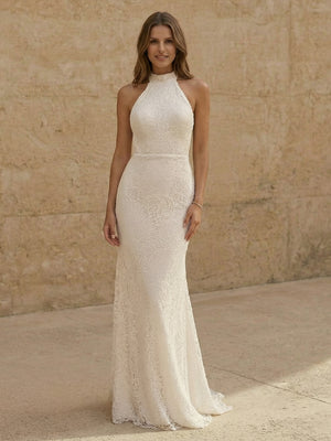Laces Mermaid Halter Long Wedding Dresses