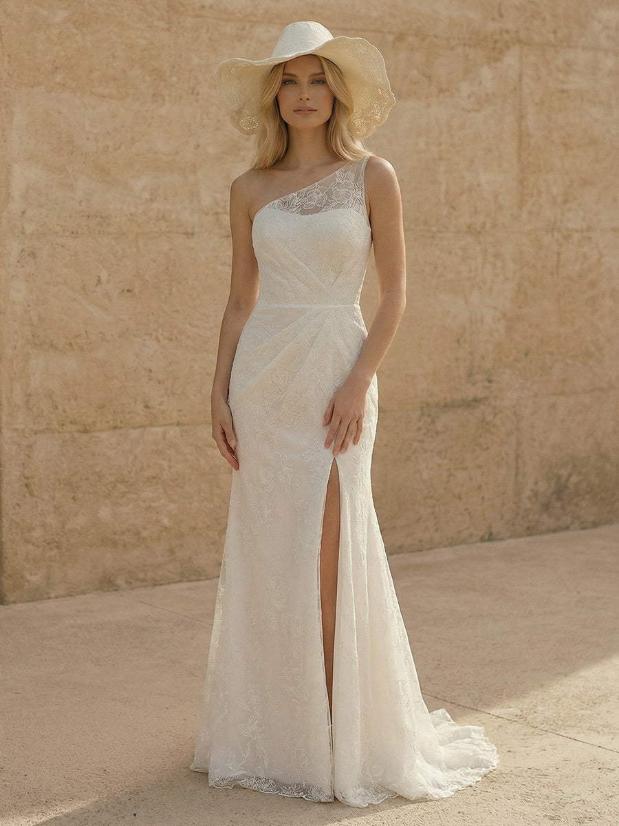 Laces Mermaid One Shoulder Long Wedding Dresses