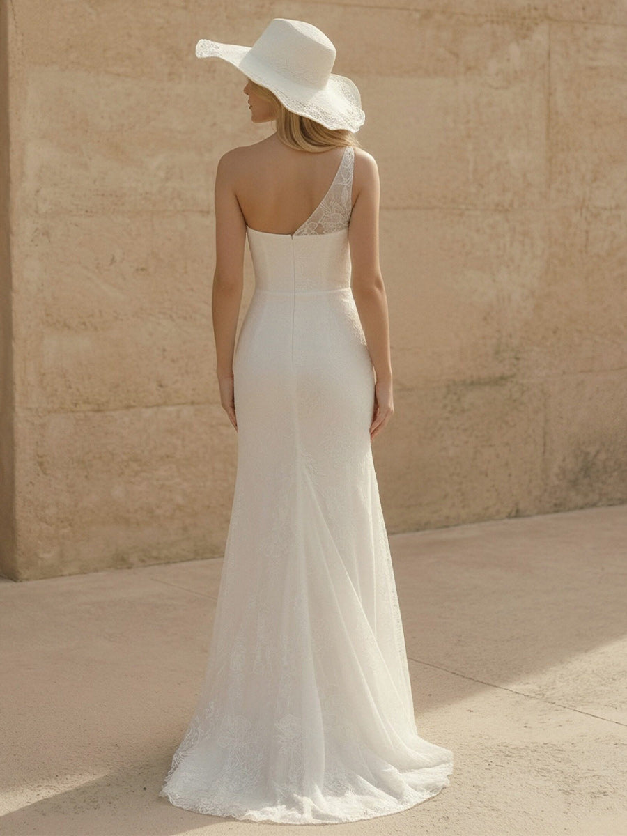Laces Mermaid One Shoulder Long Wedding Dresses