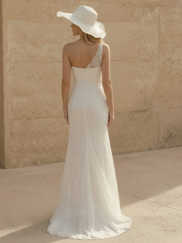 Laces Mermaid One Shoulder Long Wedding Dresses