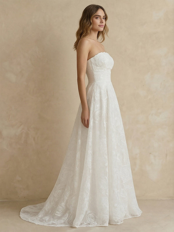 Laces A Line Strapless Long Wedding Dresses