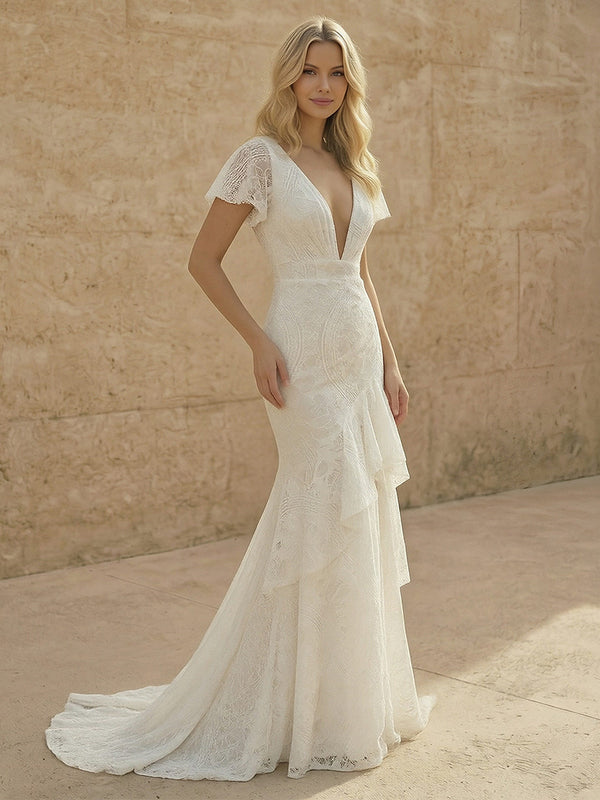 Laces Mermaid V Neck Long Wedding Dresses
