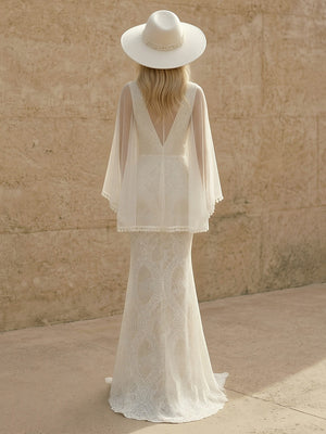 Laces Mermaid V Neck Long Wedding Dresses