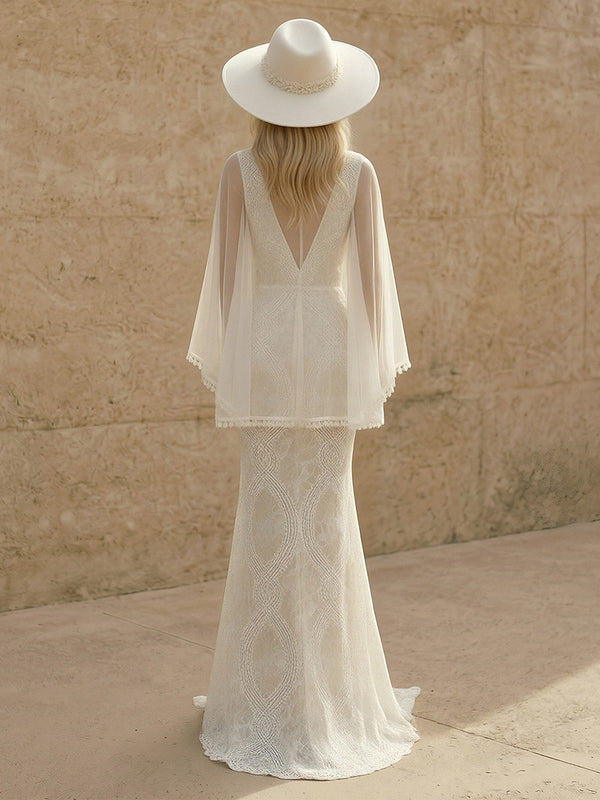 Laces Mermaid V Neck Long Wedding Dresses