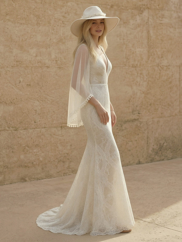 Laces Mermaid V Neck Long Wedding Dresses