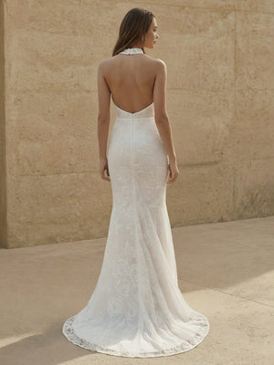 Laces Mermaid Halter Long Wedding Dresses