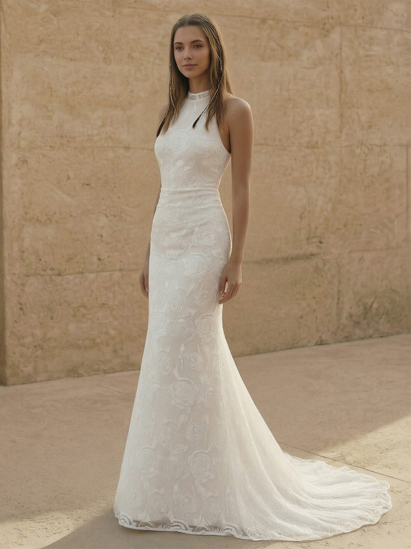 Laces Mermaid Halter Long Wedding Dresses