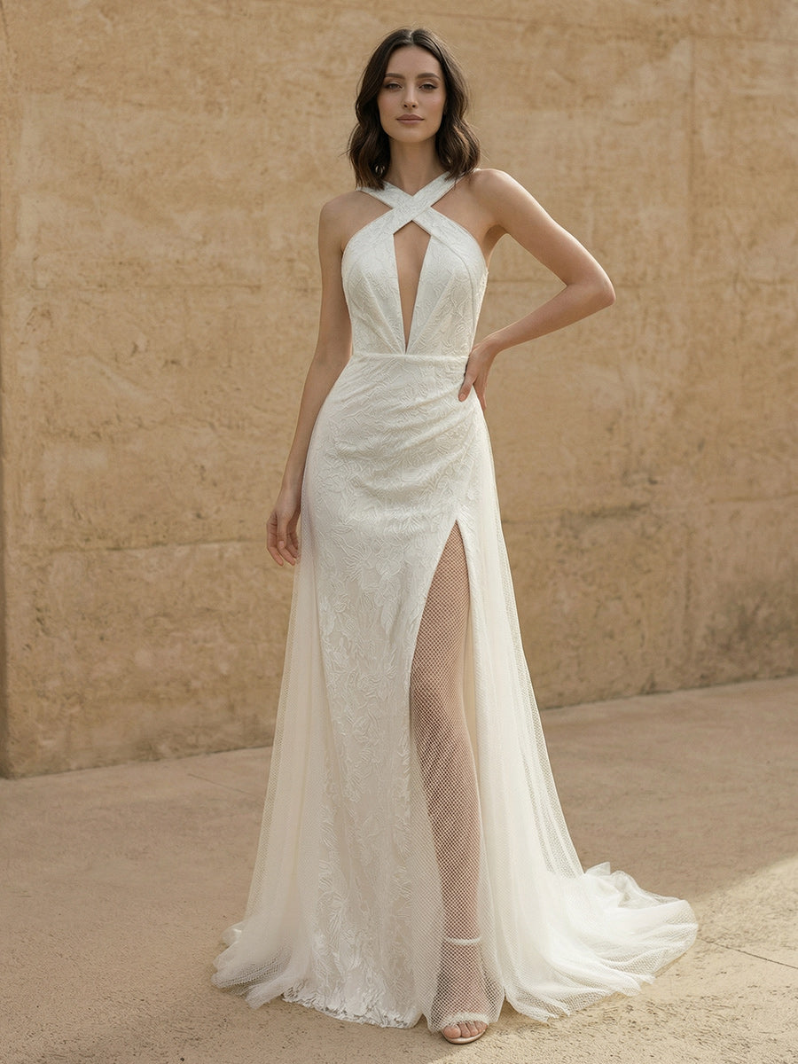 Laces Mermaid Criss Cross Long Wedding Dresses