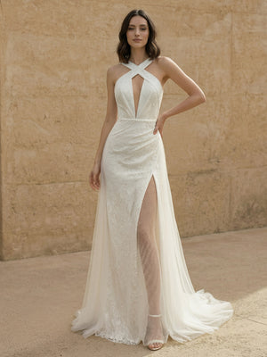 Laces Mermaid Criss Cross Long Wedding Dresses