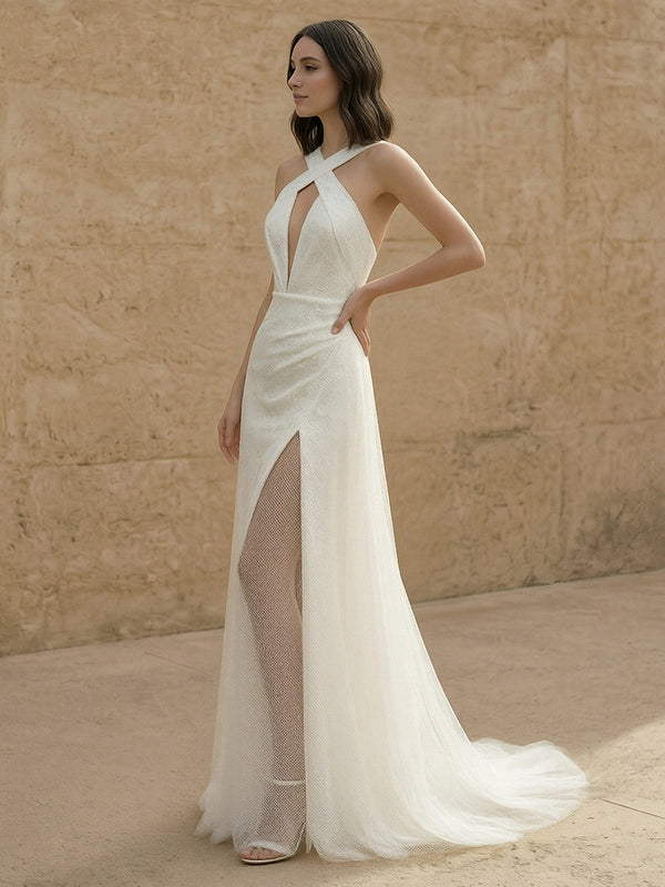 Laces Mermaid Criss Cross Long Wedding Dresses