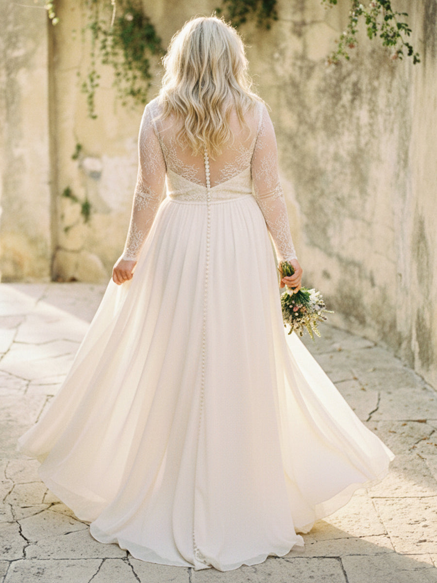 Laces A Line V Neck Long Wedding Dresses
